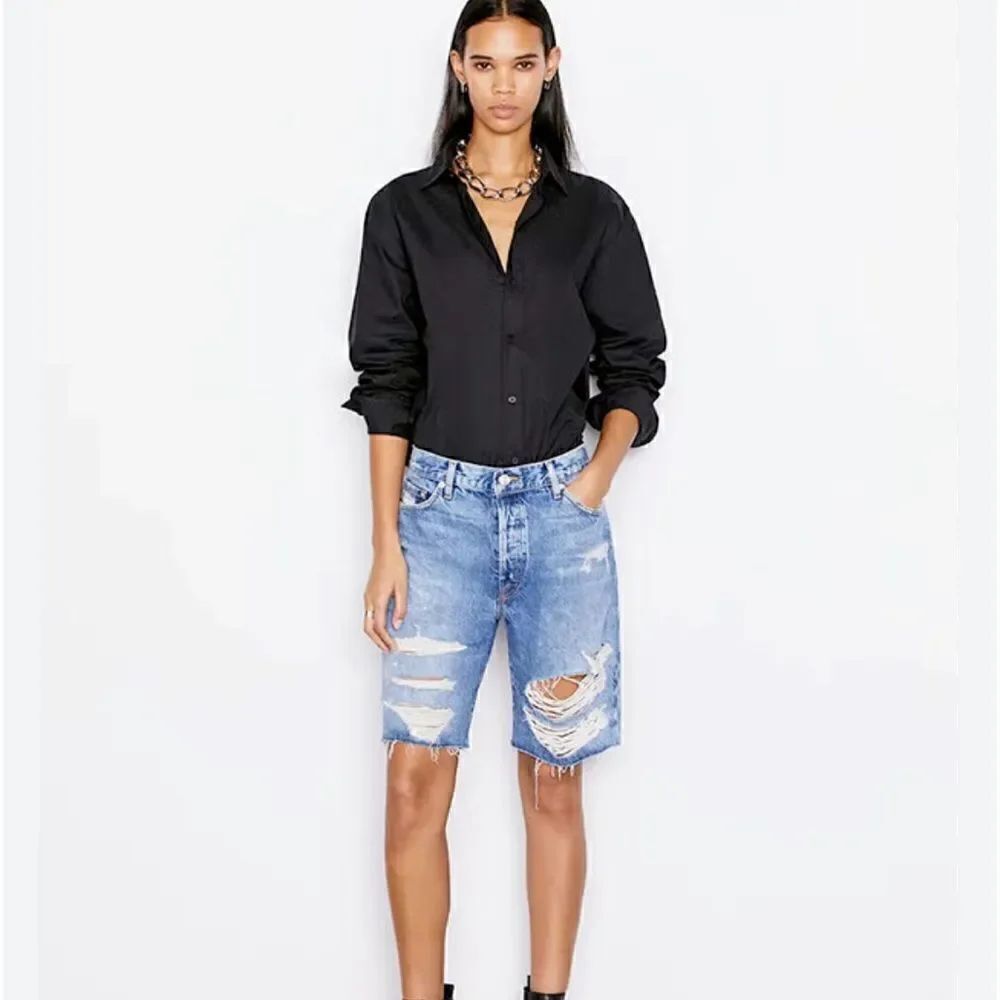 Frame Denim NWT Le Slouch Bermuda Distressed Shorts 23 Riverrun $238